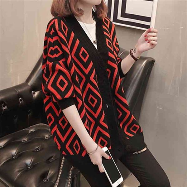

women sweater cardigans casual v neck long sleeve oversized loose plaid buttons knitted winter female sweater outwear 210918, White;black