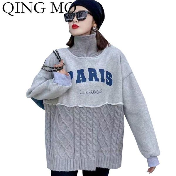 

women's hoodies & sweatshirts qing mo grey khaki women turtleneck sweatshirt 2021 knitted patchwork female letter printed zqy5999, Black