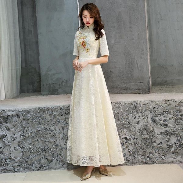 

women exquisite floral appliques trim banquet gown champagne elegant chinese formal party dress sweet long lace a-line dresses ethnic clothi, Red