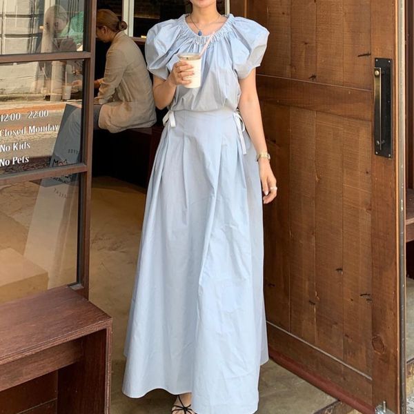 

summer gentle pure color minimalist temperament blue neckline wrinkle tie bow pleated puff sleeve dress fashion 16f0894 210510, Black;gray