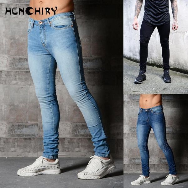 

men's jeans fashion designer brand three color solid tight elastic slim fit hip hop pants boyfriend, Blue