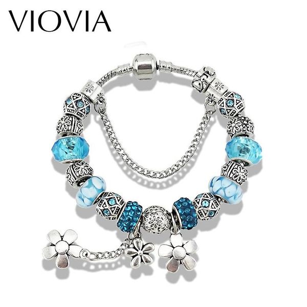 

charm bracelets viovia arrival & bangles bracelet for women gift flower charms blue enamel beads rhinestone b15213, Golden;silver