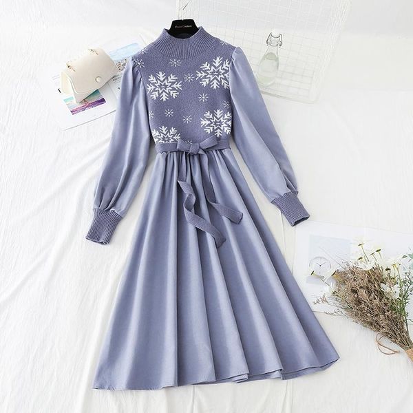 

retro puff sleeve knitted dress women spring autumn 2021 fashion embroidered half high collar elastic waist vestidos casual dresses, Black;gray