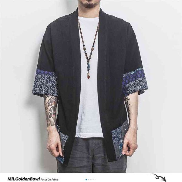 Mrgoldenbowl Algodão Camisa de Linho Casacos Homens Chineses Streetwear Kimono Casaco Cardigan Plus Size 210811