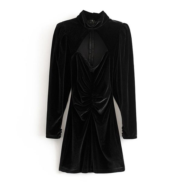 

vintage black hollow out draped velvet dress women fashion o neck dresses elegant ladies long sleeve mini dresses 210520, Black;gray