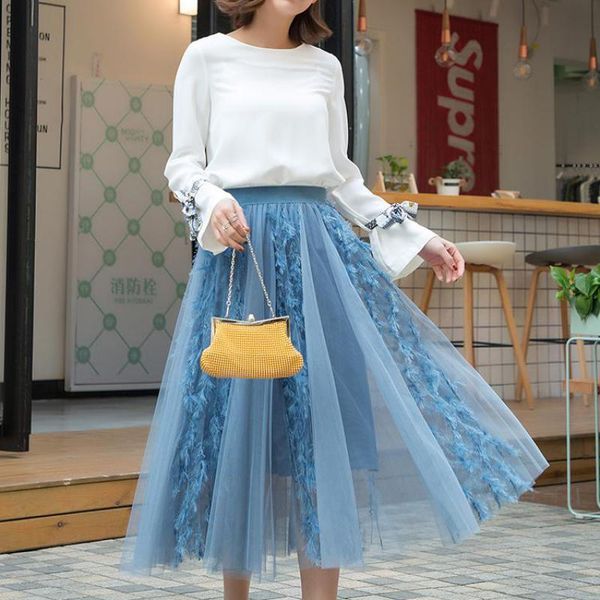 

skirts 2021 spring arrival hollow patchwork faldas largas elegantes sweet fairy tassels tulle skirt 5-color available, Black