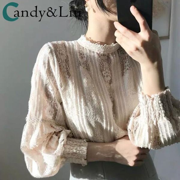 

south korea chic retro heart machine lace shirt sense minority bubble sleeve stand collar court style girl women's t-shirt, White