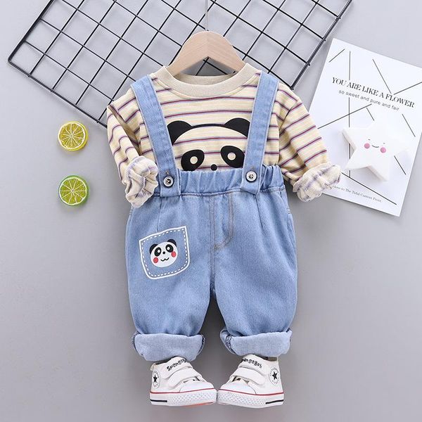 

clothing sets jargazol fall toddler children outfits stripes cartoon panda long sleeve shirt&denim overalls 2 pieces cute baby boys clothes, White
