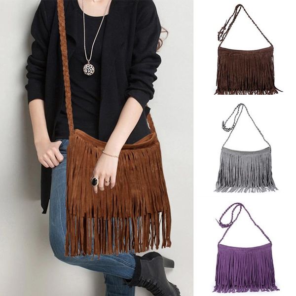

waist bags women's fringed leather shoulder bag with adjustable knitting strap soft ethnic style pu messenger solid color a66