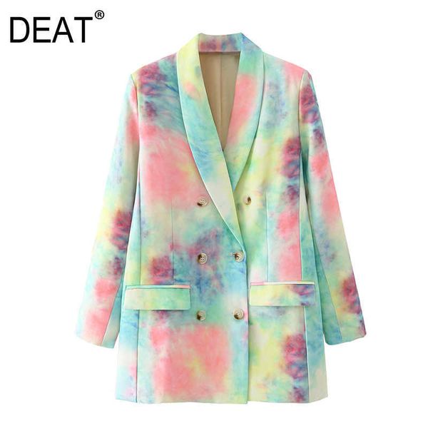 

[deat] women tie-dye hit color double breasted blazer lapel long sleeve loose jacket fashion spring autumn 13t387 210527, White;black