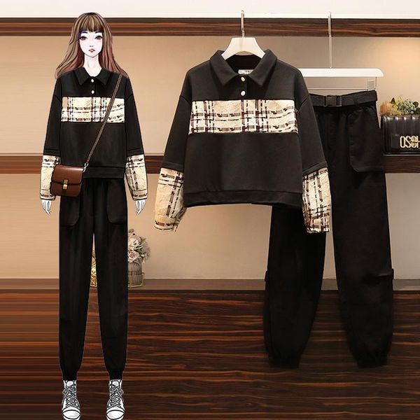 

women's tracksuits autumn winter women clothe warm plaid patchwork two piece set and pants matching outfit large plus size sport track, Gray