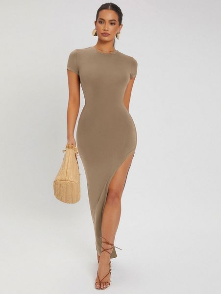 

solid split thigh bodycon dress t4bj#, Black;gray