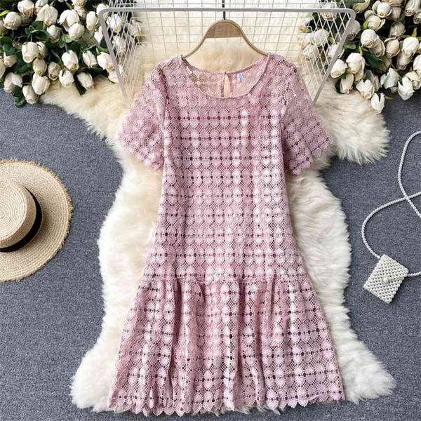 

korean women's fashion round neck short sleeve hollow out water soluble lace sweet ruffle dress summer vestidos s638 210527, Black;gray