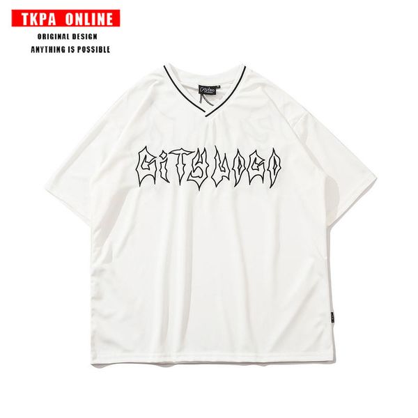 

tkpa american street hip hop embroidery short sleeve t-shirt, White