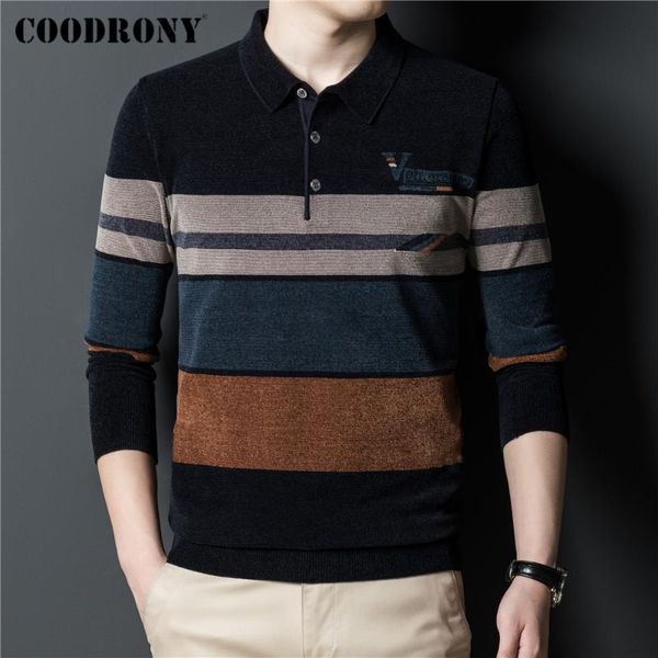 

men's sweaters coodrony autumn winter soft warm knitted chenille sweater men clothing business casual striped turn-down collar pullover, White;black
