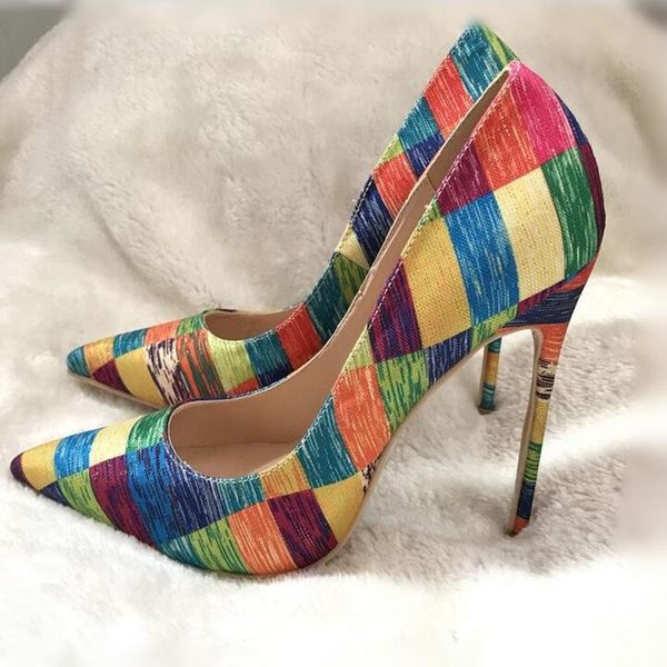 

muti-color plaid strip high heel shoes 12  8cm pointed toe celebrating party dress plus size customized, Black