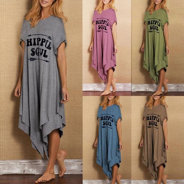 

summer casual letter printed party women dresses long short sleeve irregular pleated loose beach maxi vestido de mujer, Black;gray