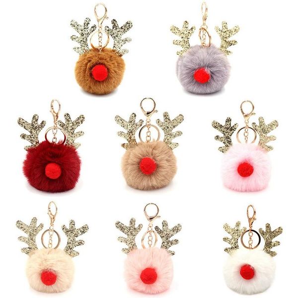

keychains 1pc women sequin christmas deer key chain fluffy pompom handbag keyring fashion jewelry xmas gift bag pendant, Silver