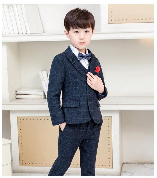 Neueste dunkelblaue Tweed Plaid Boy Anzug 2 Stück Set Kinder Prom Hochzeitsanzüge Blazer Kinder formelle Smoking für Jacke Hosen Herren Blazer