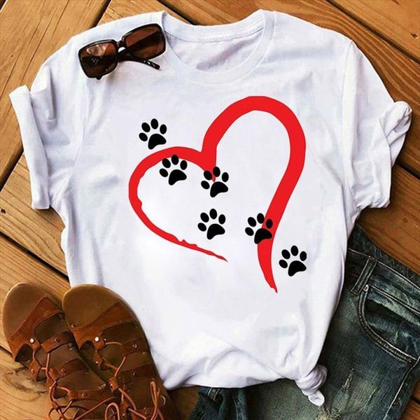 

summer and women red men t shirts heart womens dog paw print casual short sleeve tee female graphic cute clothing, White;black