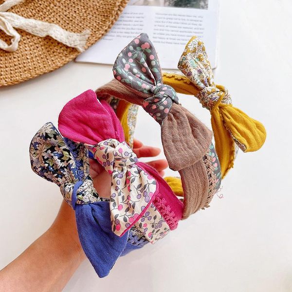 

hair accessories cute print floral bow hairbands for children girls retro splicing headbands headwear bands korean kids, Slivery;white