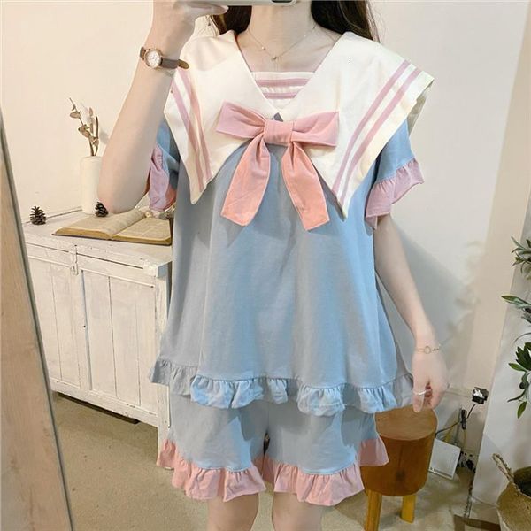

kawaii pajamas shorts set teen women sleepwear girls cute fashion 2 piece pyjamas female home wear sailor suit blue, Black;red