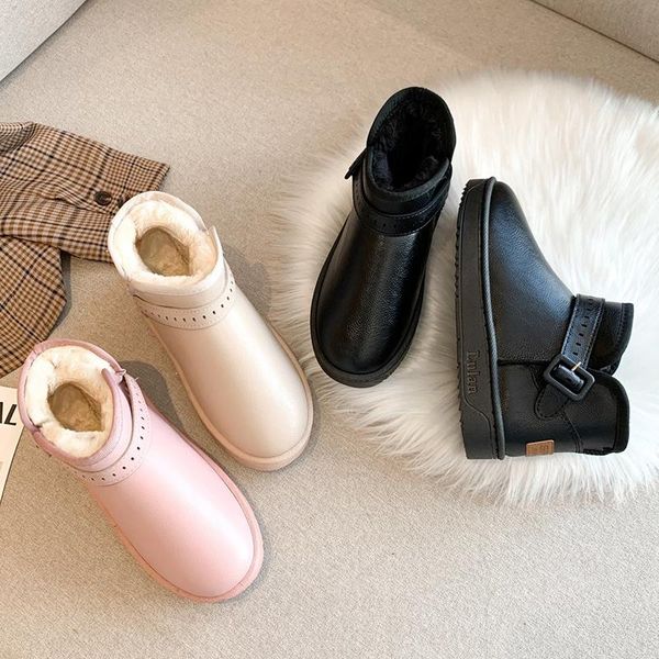 

boots pink buckle 2021 woman snow thick warm long plush solid women winter shoes waterproof platform ankle 40, Black