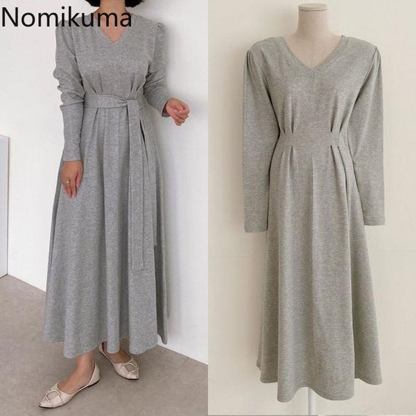 

casual dresses nomiuma solid color v neck dress women slim waist long sleeve mid calf a line korean chic loose vestidos 3d919, Black;gray