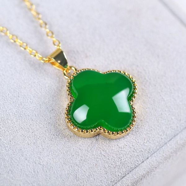 

chalcedony clover pendant 925 chalcedony necklace gold inlaid jade pendant, Black