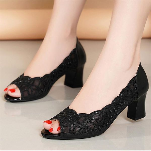 

mobetty fish mouth water drill sandals thick heel leather rhinestone hollow summer mommy women shoes soft zapatillas mujer, Black