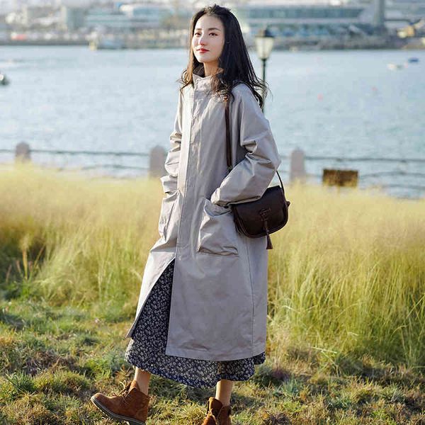 

johnature women korean style stand trench button solid color coats spring long sleeve pockets female trench 210521, Tan;black