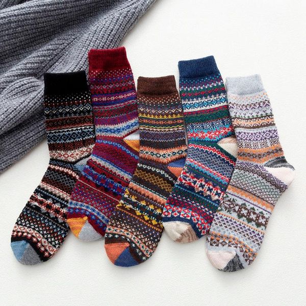 

women's leggings socks wowen man knitted wool 5 pack winter soft warm cold knit for women men couple, Black