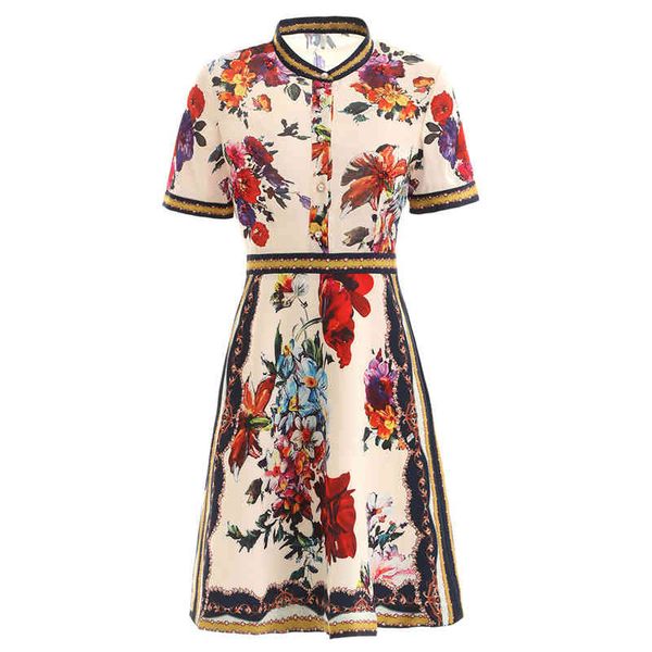 

flower print short sleeve mini dress summer o neck button zipper d1651 210514, Black;gray