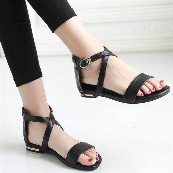 

women genuine leather low heel gladiator sandals female ankle cross strap open toe summer party platform oxfords casual shoes, Black