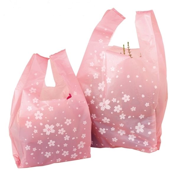 Borsa shopping rosa ciliegia, borsa gilet, sacchetto di plastica per regali con manico per borsa da trasporto Involucri per biscotti 100 pezzi / lotto 210724