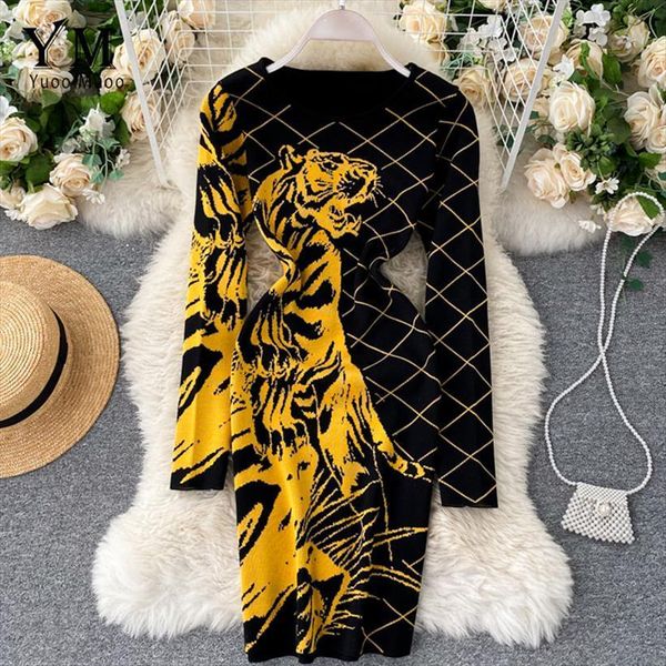 

ins fashion tiger knitted autumn womens dresses winter animal jacquard sweater party bodycon festival women, Black;gray