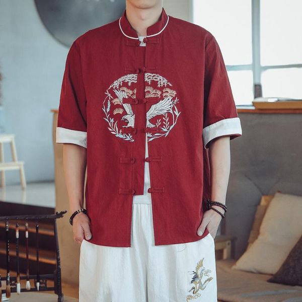 

chinese style mens tang suit linen short sleeve traditional china hanfu shirt plus size -5xl men's casual shirts, White;black