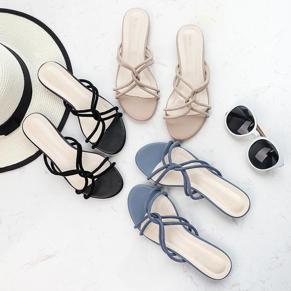 

slippers 2021 summer women female narrow band cross-tied travel beach casual outdoor straps sandals ladies outside slides, Black