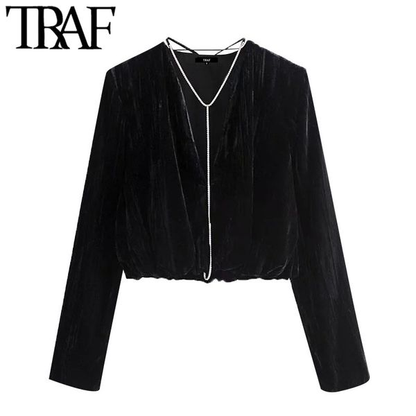 

traf women fashion with bejewelled chain velvet cropped blouses vintage long sleeve elastic hem female shirts chic 210415, White