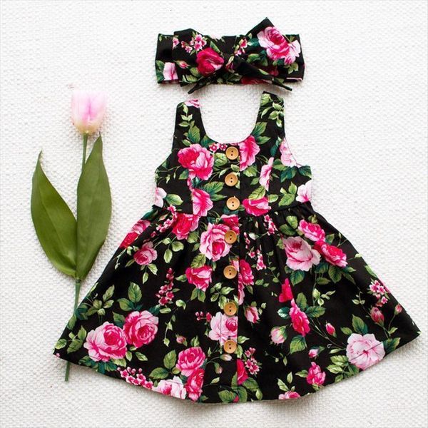 

summer sleeveless girls headband baby girl dresses clothes button floral pageant party sundress clothing 6m 4y, Red;yellow