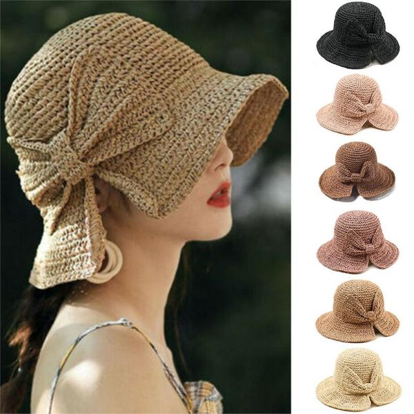 

stingy brim hats summer boho bow sun hat wide floppy for women beach panama straw dome bucket femme shade fc, Blue;gray