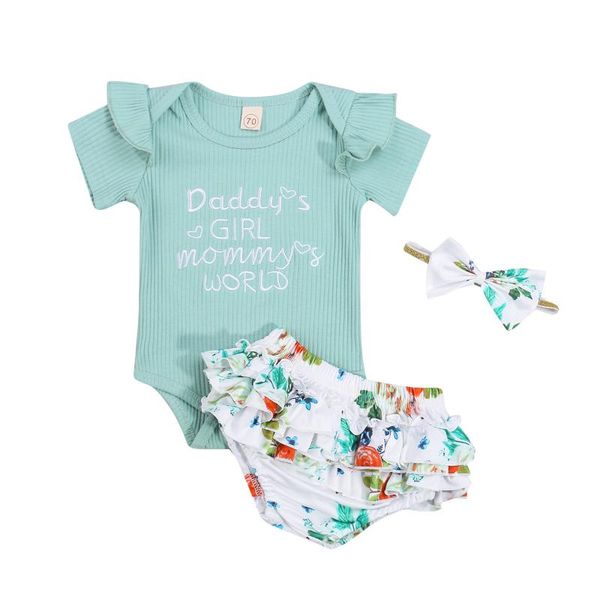 

clothing sets 3pcs baby summer outfits, letters short sleeves romper + floral ruffled shorts hairband for toddler girls, 0-24 months, White