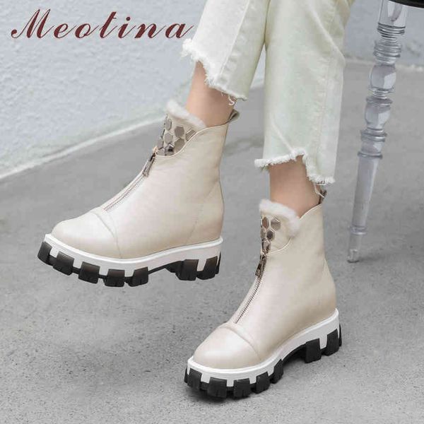 

winter snow boots women natural genuine leather thick heel ankle warm wool zipper shoes ladies plus size 34-43 210517, Black
