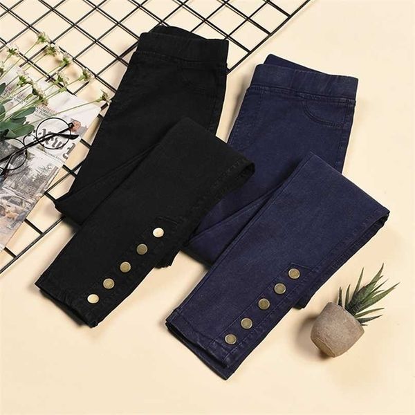 

women imitation denim pencil pants stretch high waist with buttons plus size skinny leggings female casual trousers 211115, Black;white