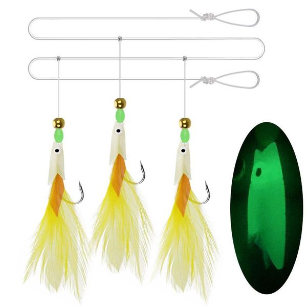 

fishing hooks 3pcs/set carbon steel mackerel feathers bass cod lure sea luminous sabiki hook treble bait string