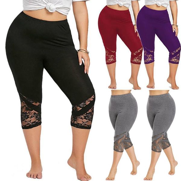 

women's leggings women hollow-pants 2021 fashion lace plus size skinny pants yo-ga sport trousers, Black