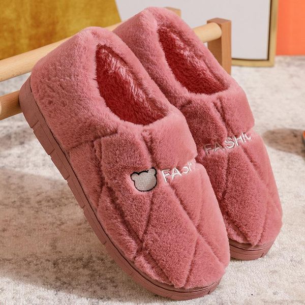 

slippers winter women flat large size plush furry warm shoe couple home indoor floor men woman house shoes, Black