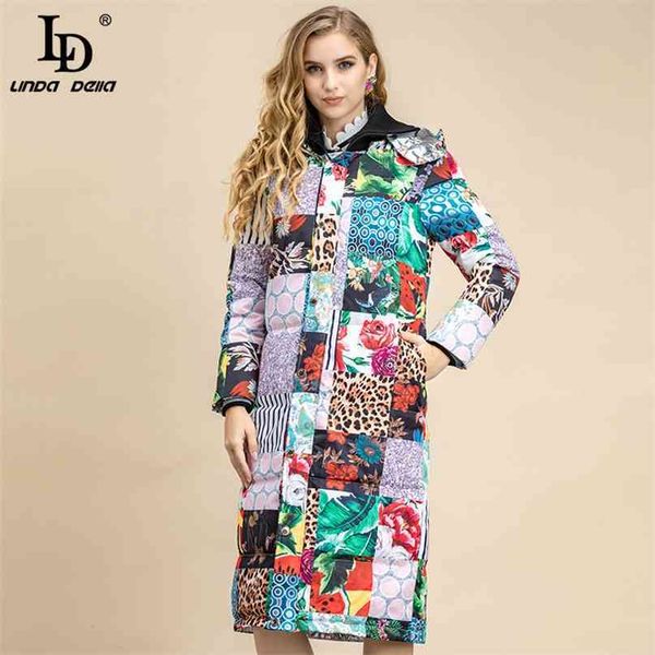 Sprint Modedesigner Lange Kapuze Daunenmantel Frauen Rollkragen Leopard Punkte Drucken Vintage Warme Ente Outwear 210522