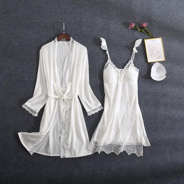 

white bride dressing gown 2pcs lace floral trim robe set v-neck suspender skirt kimono bathrobe nightdress loose night women's sleepwea, Black;red