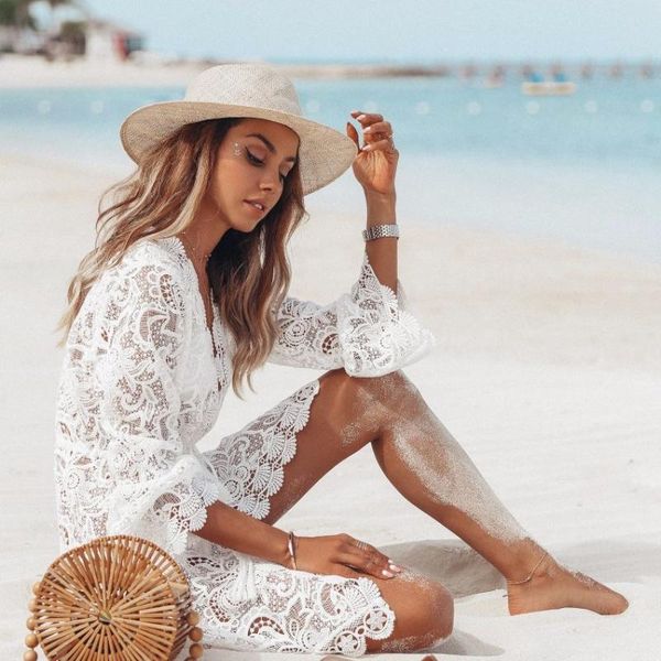 

men's hoodies & sweatshirts 2021 women's beach sunscreen openwork lace long sleeve v-neck dress summer holiday shirt, Black